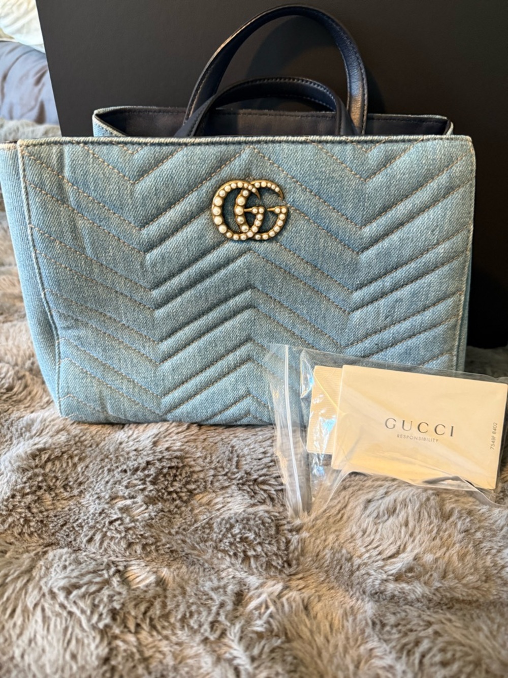 Gucci Light Blue Quilted Denim Pearl GG Tote